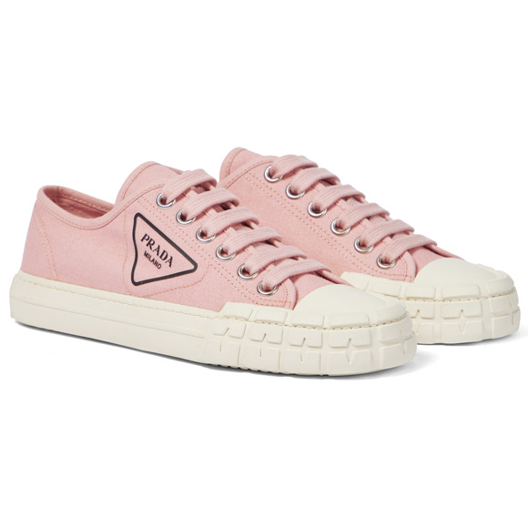 Prada Wheel Canvas Pesco Pink Logo Lace Up Tie Flat Low Top Trainer Sneaker 37 - Picture 2 of 12